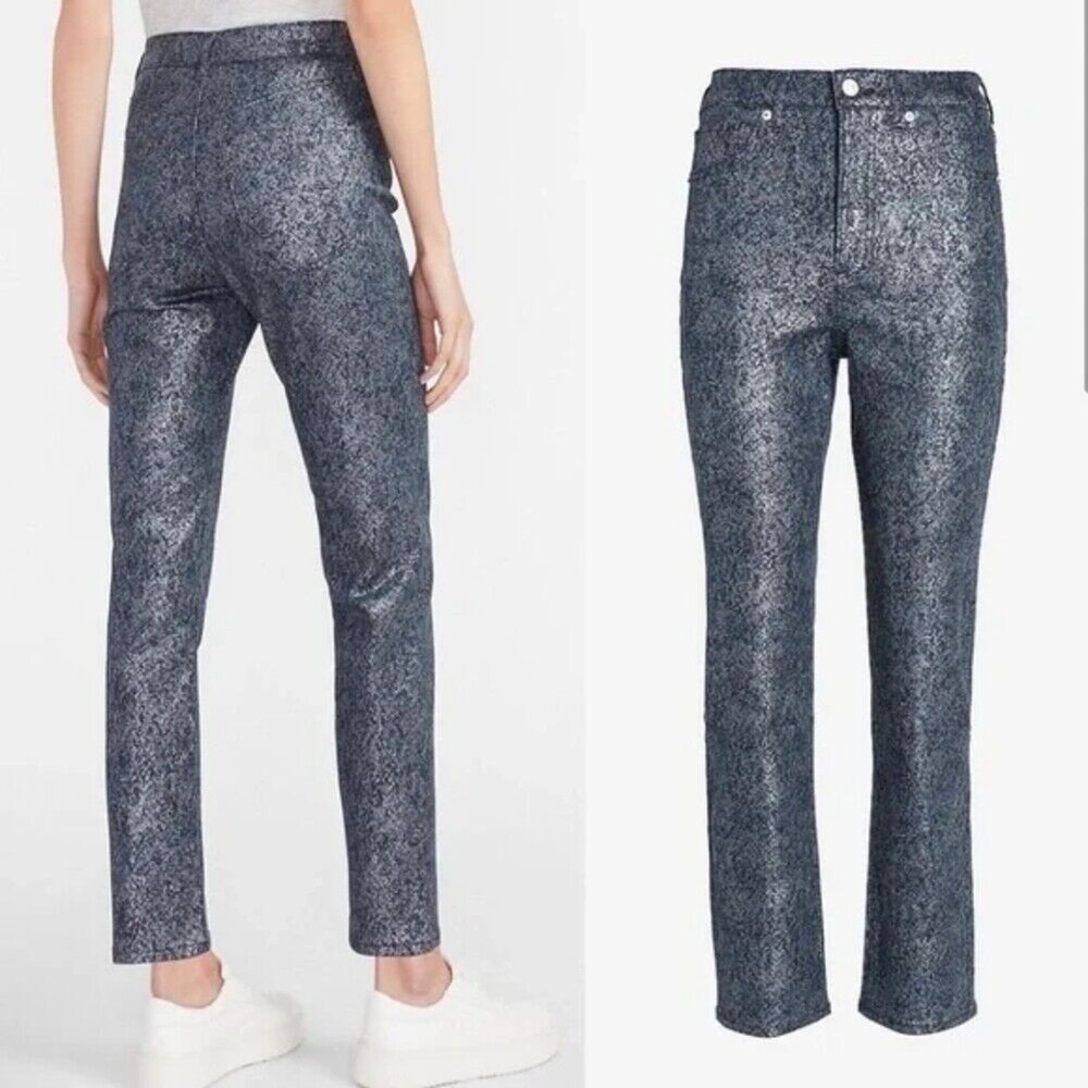 Express Womens Slim Super High Rise Metallic Foil Pants Navy Silver Size 10‎ NWT
